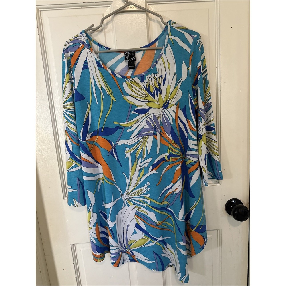 Clara Sunwoo Tropical Floral Tunic Top Asymmetrical 3/4 Sleeve Resortwear Sz L
